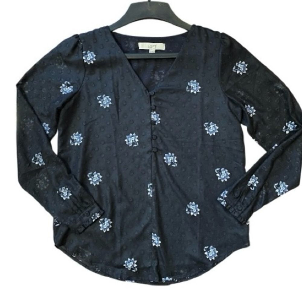 LOFT Navy Blue Sheer V-neck long sleeve Blouse with Light Blue Floral Pattern - Picture 4 of 8